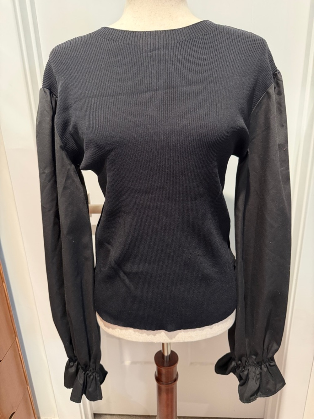Anthropologie Black Long-Sleeve Mixed-Fabric Crewneck Top